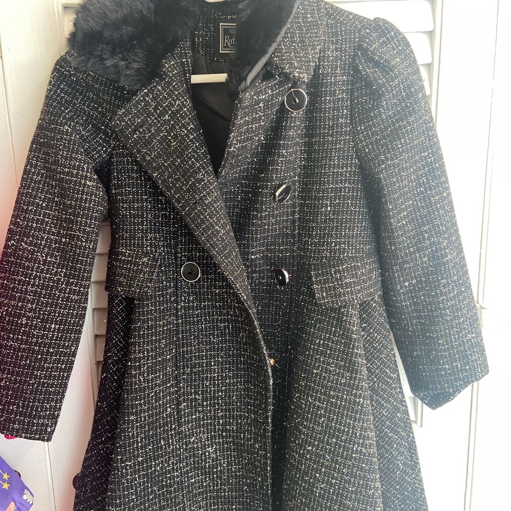 NWOT Rothschild Black Tweed Princess Dress Coat with Removable Faux Fur Collar